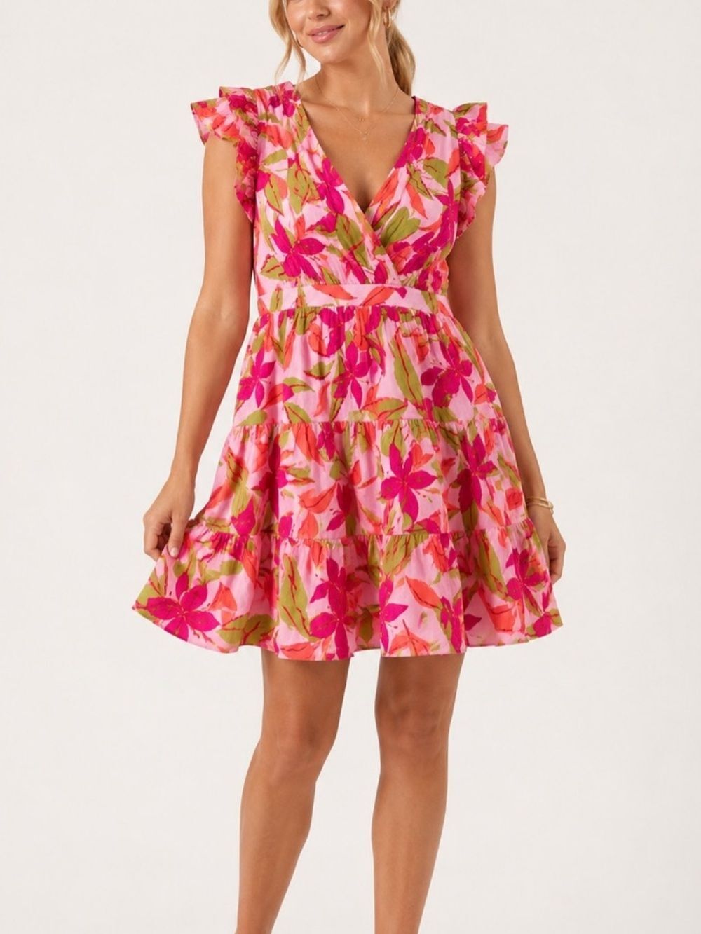 TAYLOR WOMENS PINK GREEN TROPICAL MINI FLUTTER SLEEVE DRESS SMALL